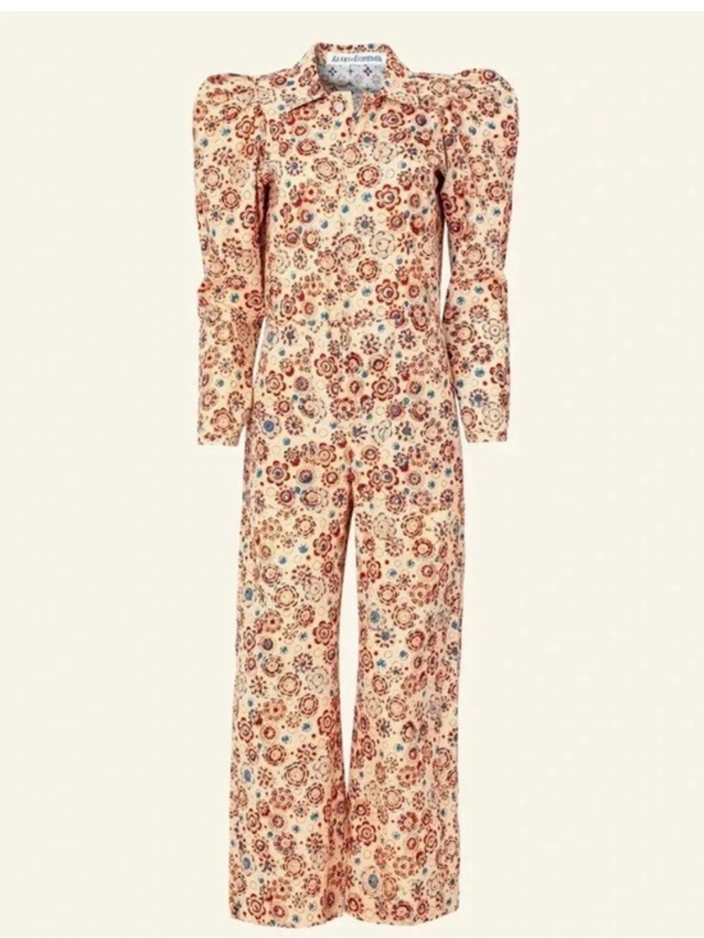 Alix of Bohemia Remy Jumpsuit - tan,red, blue floral puff shoulder size medium